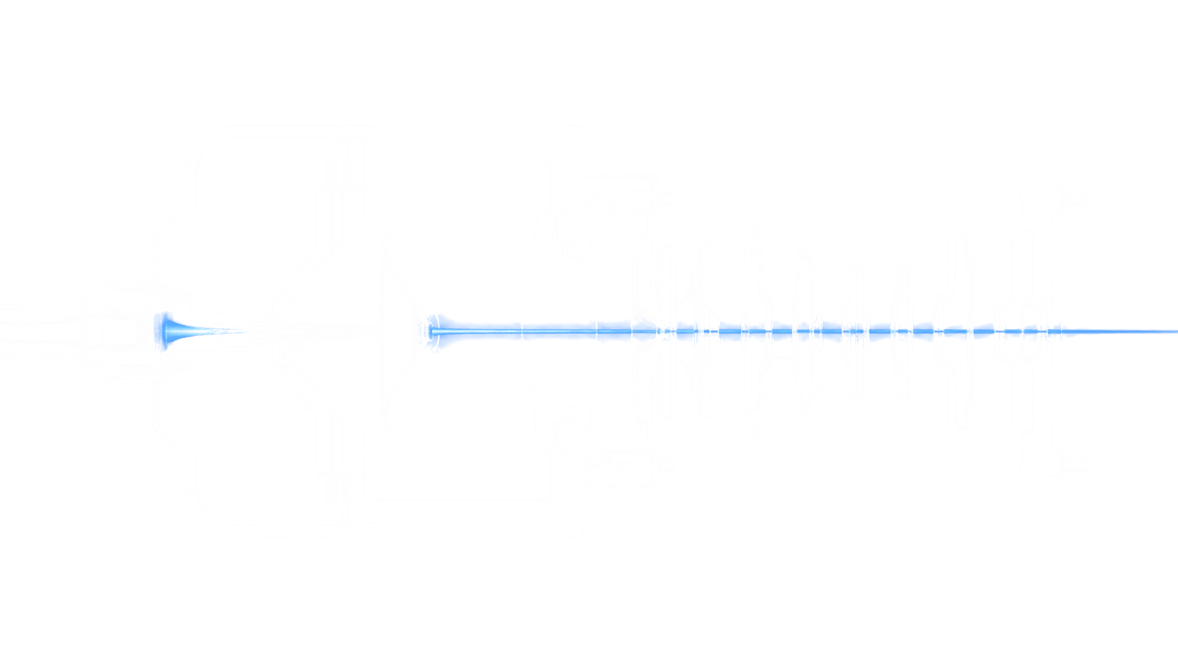 Line-art cross-section of an ICP-MS interface: sampler cone and ion lenses along a faint blue ion path