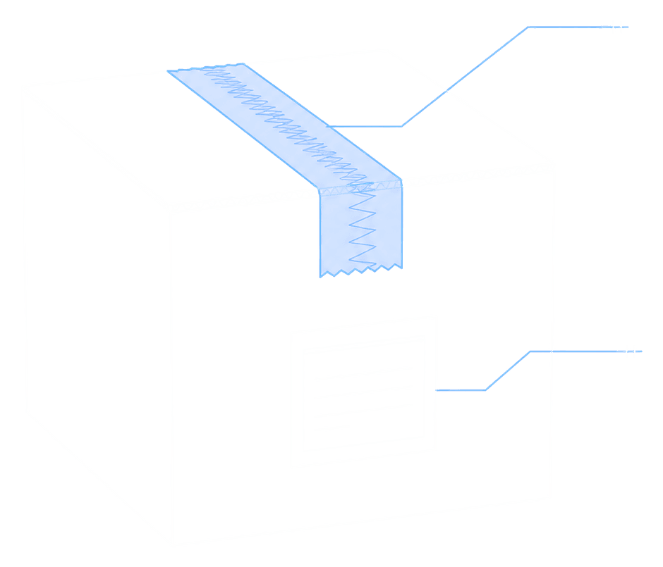 Technical diagram of a sealed shipping box with tamper-evident tape and a custody label